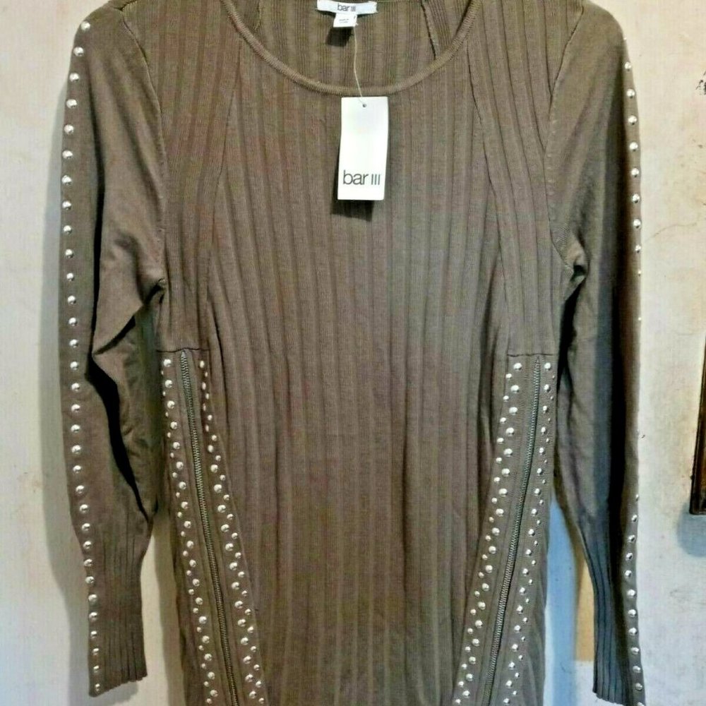 Bar Iii Zippered Studded Sweater Dust Olive Size: MED